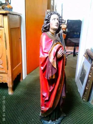 Museumswürdige Nazarenerstatue des Heiligen Johannes aus dem 19. Jahrhundert, Meersburger Schule – Meisterhaft geschnitzte Hände und Evangelium, Original-Polychromie, 100 cm, Nr. II.