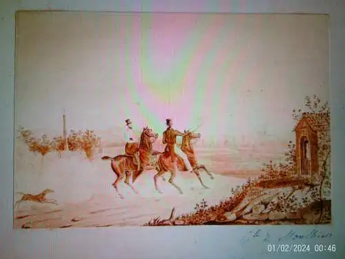 Charles de Monthiers (1813-1873): Aristokratische Reiter im Galopp, 19. Jh. Lavierte Zeichnung/Aquarell, Signiert mit Monogramm, Stadtansicht.