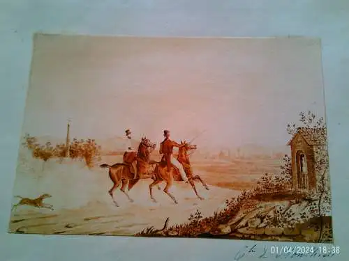 Charles de Monthiers (1813-1873): Aristokratische Reiter im Galopp, 19. Jh. Lavierte Zeichnung/Aquarell, signiert mit Monogramm, Stadtansicht.