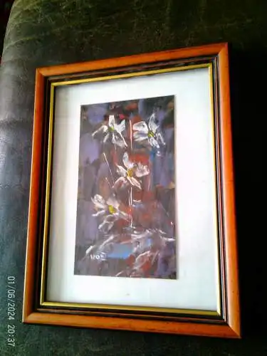 Expressionist Floral Oil Painting on Paper, White Blossoms on Purple/Red Background, Abstract Impasto Style, Signed NOS, 10.5x18cm Original