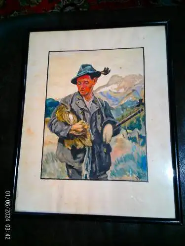  „Alpiner Jäger mit Uhu“ – Hans Welz 1900 Salzburg-1975 Kapstadt Expressiver Realismus mit Einflüssen des Schweizer Parallelismus (Ferdinand Hodler)