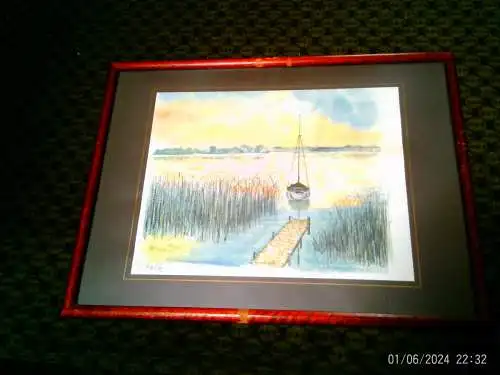 L.Nolte   impressionistisches Aquarell  " Segelschiff abends am Schilfufer"