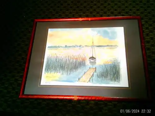 L.Nolte   impressionistisches Aquarell  " Segelschiff abends am Schilfufer"
