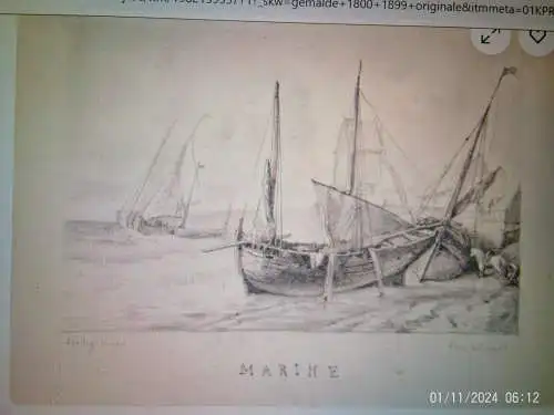 Original Bleistiftzeichnung  signiert  Alan ( Künstler GB) nach Eugène Isabey  um 1840/60 – Marine-Studie – Unikat