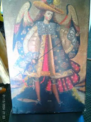 Cuzco School Archangel Raphael with Fish & Staff, 1760th/1780th C., Oil on Canvas marouflaged to Wood Panel, Spanish Colonial Art, Peru.