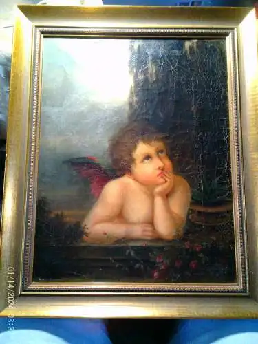 Cherub from Raphael's Sistine Madonna -R.V / 19th Century Academic Oil Copy on Canvas, Signed, Beautiful Craquelure, Gilt Frame, 37x29.5 cm.