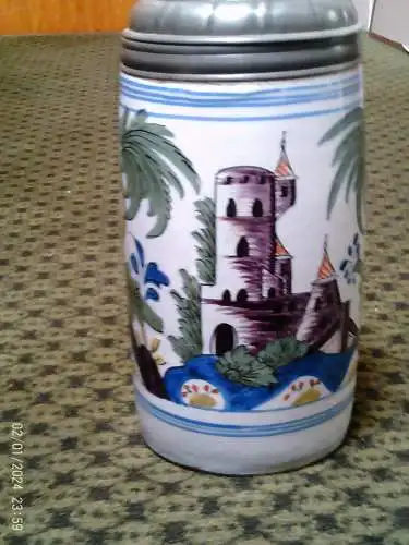 Antiquer Crailsheim Baroque Faience Tankard Tankard White Ground 1740 Pewter Lid CGF Heilbronner Master C.G. Finck Castle Palm H22.5cm