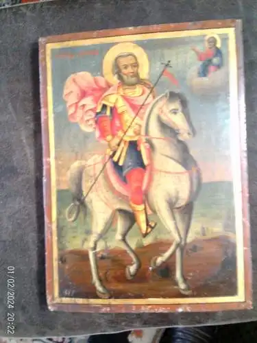 Griechische Ikone Hl. Menas zu Pferd um 1860 / Griechische Reiterikone Hl. Menas um 1860, Schutzpatron der Soldaten, 25x34cm, Originalzustand