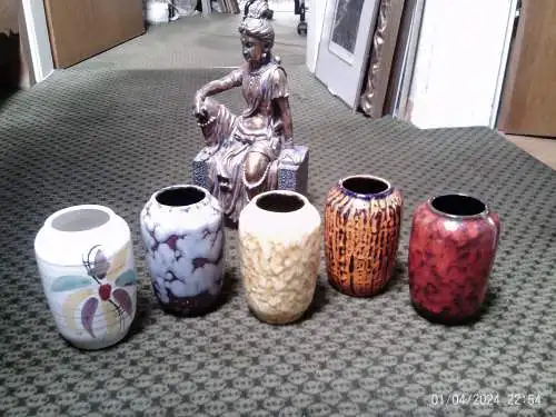 Konvolut 5 Stück Scheurich Oswald Kleudgen  238-14 Dekor  unter Anderem mit Kürbis Fat Lave Vintage 60-70 Ära Tischvase Mehrfarbig  Lave Design Vase Modernist