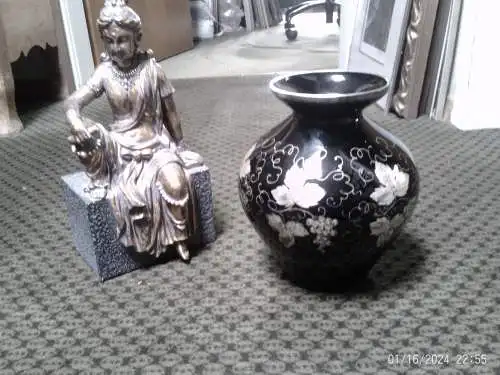 Art Deco Black Hyalite Glass Vase Silver Overlay Vine Decor, Huge 1930 Bohemian Czech Blown Glass Globe Vase 9.5", Antique Silver Crust