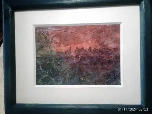 Expressionistisches Gemälde um 1970 • Stadtstaffage im Abendrot mit Park & Bäumen • Tempera Mischtechnik im Originalrahmen