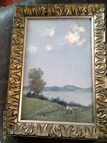 Antikes Ölgemälde Münchner Schule Chiemsee Alpen See Kabinettbild Prunkrahmen