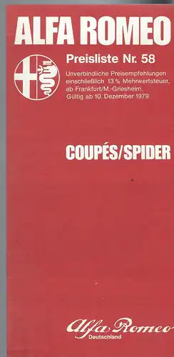 Alfa Romeo Preisliste Nr. 58 Dezember 1979. Coupés und Spider. Prospekt. 
