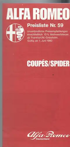 Alfa Romeo Preisliste Nr. 59 Juni 1980. Coupés und Spider. Prospekt. 