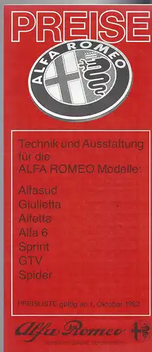 Alfa Romeo Preisliste Oktober 1982. Alfasud, Giulietta, Alfetta, Alfa 6, Sprint, GTV, Spider. Prospekt. 