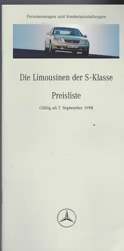 Mercedes Benz. Preisliste September 1998. Die Limousinen der S-Klasse. Personenwagen und Sonderausstattung. 