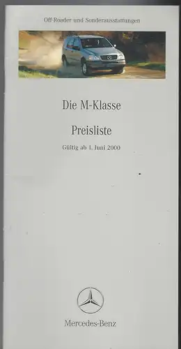 Mercedes Benz. Preisliste Juni 2000. Die M-Klasse. Personenwagen und Sonderausstattung. 