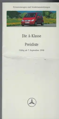Mercedes Benz. Preisliste September 1998. Die A-Klasse. Personenwagen und Sonderausstattung. 
