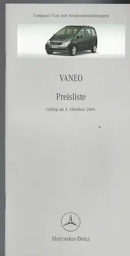 Mercedes Benz. Preisliste Oktober 2001. Vaneo. Personenwagen und Sonderausstattung. 