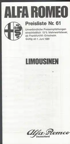 Alfa Romeo Preisliste Nr. 61 Juni 1981. Prospekt. 