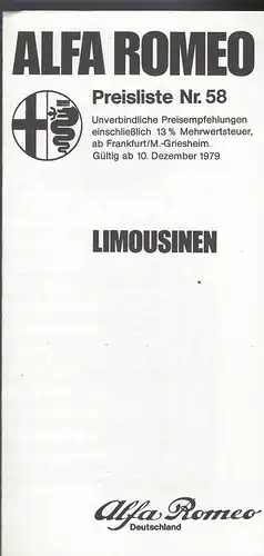 Alfa Romeo Preisliste Nr. 58 Dezember. 1979. Limousinen. Prospekt. 