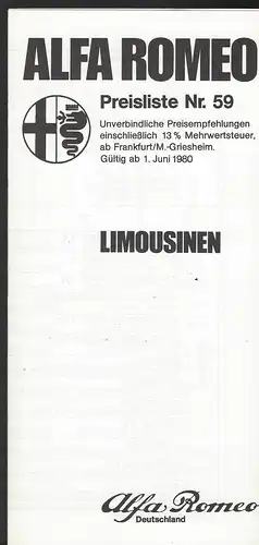 Alfa Romeo Preisliste Nr. 59 Juni 1980. Limousinen. Prospekt. 