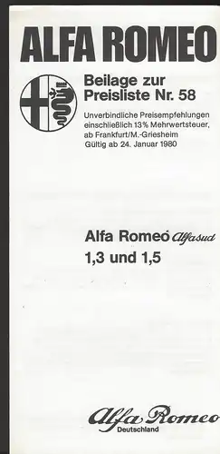 Alfa Romeo Beilage zur Preisliste Nr. 58 Januar 1980. Limousinen. Prospekt. 