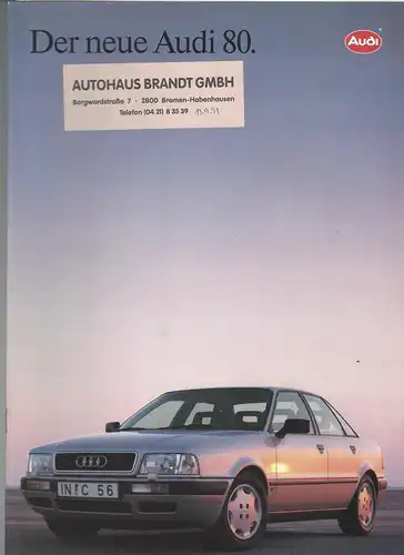 Der neue Audi 80. Mit Beilage Technik 7/1991. Prospekt. 