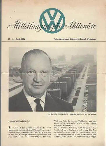 VW. Mitteilungen für Aktionäre Nr1 April 1961.  Prospekt. 