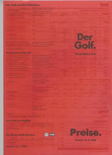 VW. Der Golf mit Preisliste 8/1984.  Prospekt. 