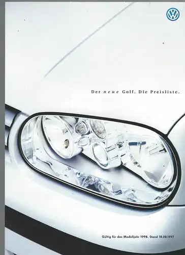 VW. Der Golf mit Preisliste .  8/1997.  Prospekt. 