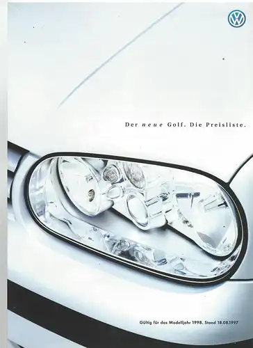 VW. Der neue Golf mit Preisliste und technische Daten und Ausstattung.  8/1997.  Prospekt. 