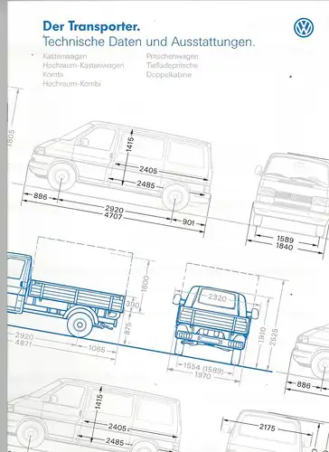 VW. Der Transporter mit Beilage Technische Daten und Ausstattung. 2/1996.  Prospekt. 