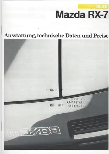 Mazda RX-7. Ausstattung, technische Daten und Preise. 10/1988. Prospekt. 