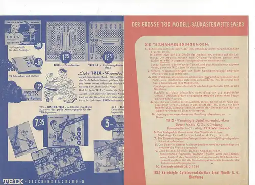 Prospekt. Der grosse Trix Modell-Baukasten Wettbewerb 1958/59. Mit Preisen über 5000 DM. 