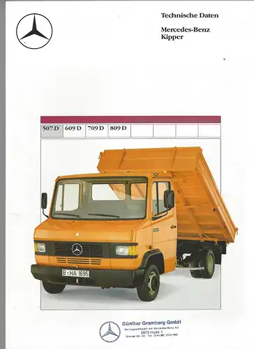 Prospekt Mercedes-Benz. Technische Daten Mercedes-Benz Kipper. 507D, 609D, 709D, 809D. 6/1987. 