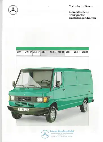 Prospekt. Technische Daten Mercedes Benz Transporter Kastenwagen / Kombi, 210, 208D, 210D, 310, 308D, 310D, 410, 408D, 410D. 12/1989. 