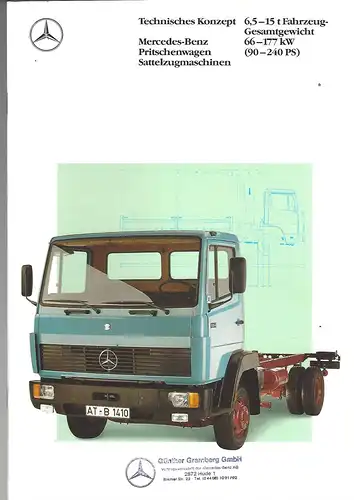 Prospekt. Technisches Konzept Mercedes Benz Pritschenwagen Sattelzugmaschinen 6,5.15t Fahrzeuggesamtgewicht 66-177kW (90-240PS).  11/1990. 