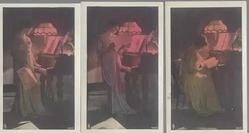 3 Karten Serie NBC Nr. 4741/3,5,6.  Frau am Flügel.