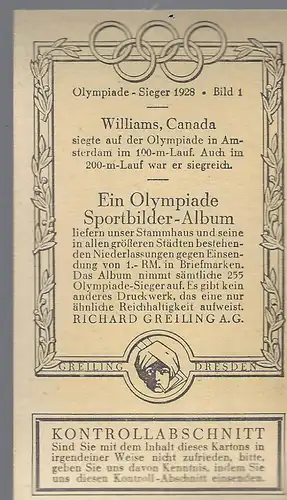 Sammelbild Olympia Sieger 1928. Bild 1: Williams Canada. 100 und 200 Laufen.