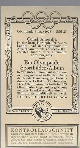 Sammelbild Olympia Sieger 1928. Bild 26:  Cuhel, Amerika.. 