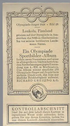 Sammelbild Olympia Sieger 1928. Bild 28: Loukola, Finnland.