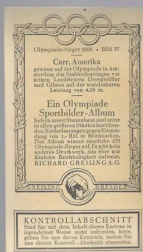 Sammelbild Olympia Sieger 1928. Bild 37: Carr, Amerika.