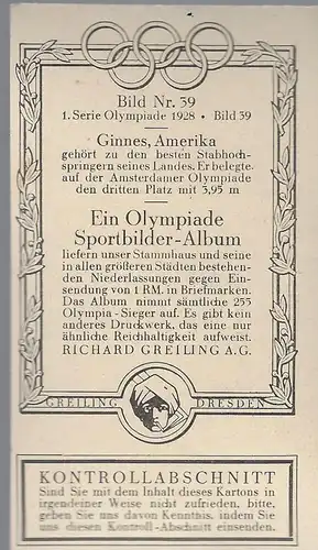 Sammelbild Olympia Sieger 1928. Bild 39:  Ginnes, Amerika.