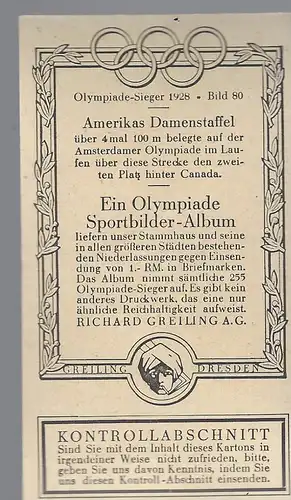 Sammelbild Olympia Sieger 1928. Bild 80:  Amerikas Damenstaffel.
