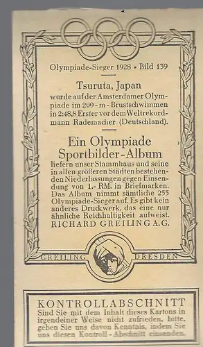 Sammelbild Olympia Sieger 1928. Bild 139:  Tsuruta Japan. Schwimmen.