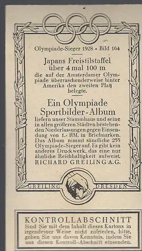 Sammelbild Olympia Sieger 1928. Bild 164:  Japans Freistilstaffel über 4 mal 100m. Schwimmen