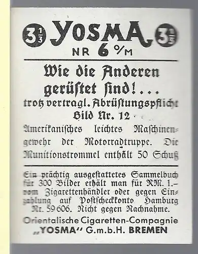 Sammelbild Yosma. Wie die anderen gerüstet sind!... Bild Nr. 12 Amerikanisches leichtes Maschinengewehr der Motorradtruppe.