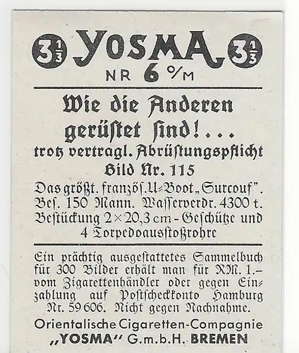 Sammelbild Yosma. Wie die anderen gerüstet sind!... Bild Nr.  115 Das größte französische U-Boot Surcouf.