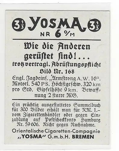 Sammelbild Yosma. Wie die anderen gerüstet sind!... Bild Nr.  168 Englischer Jagdeinflieger Armstrong A.W. 16